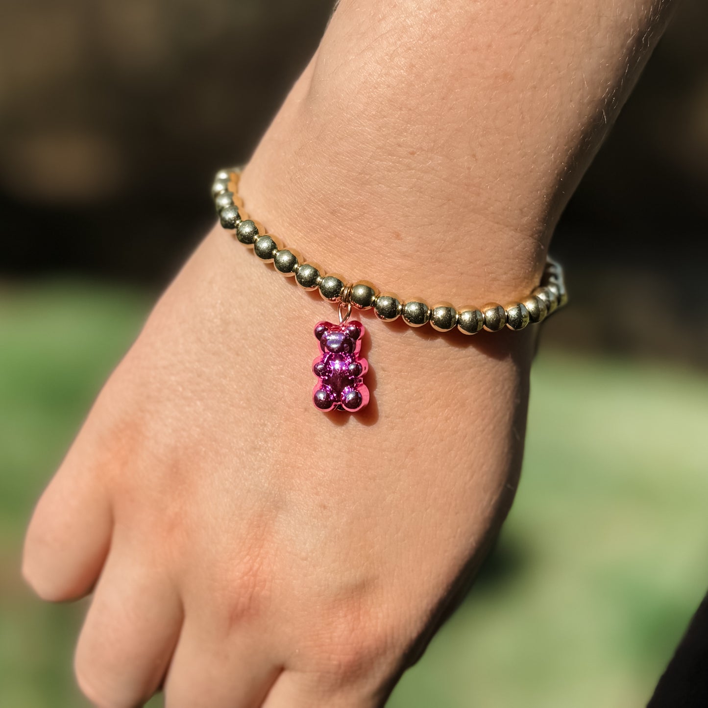 Gold & Hot Pink Gummy Bear Charm Bracelet