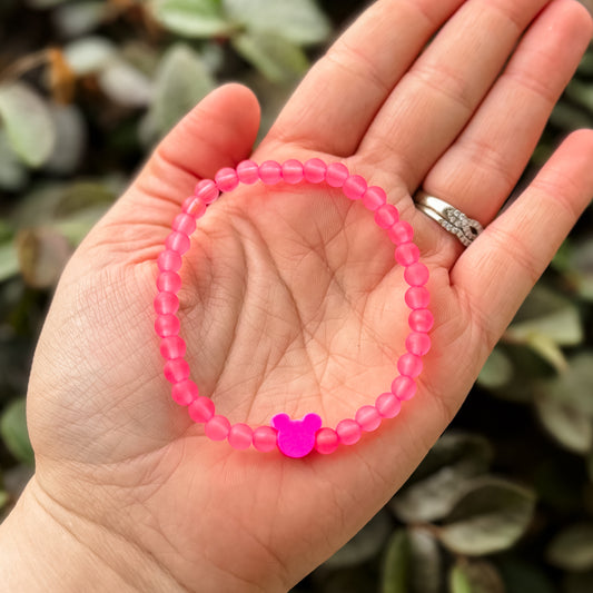 Hot Pink Mouse Charm Matte Beaded Bracelet