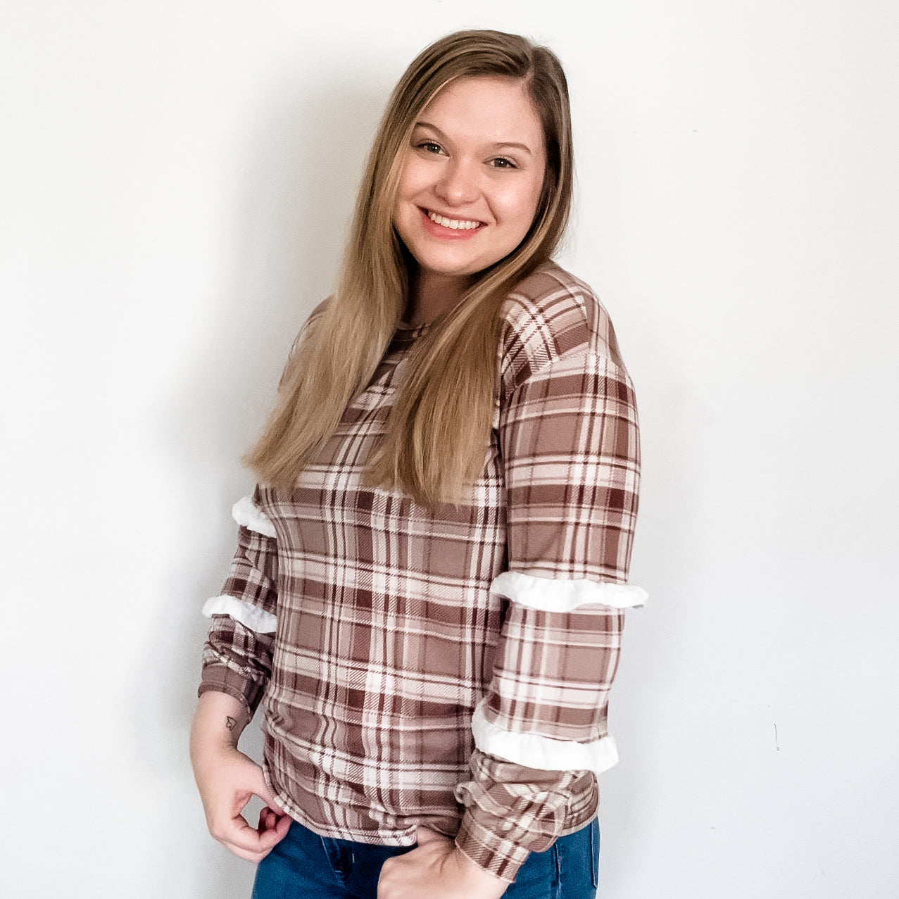 Brown Plaid Ruffle Sleeve Top (Size Small)