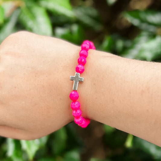 Hot Pink & Silver Cross Bracelet