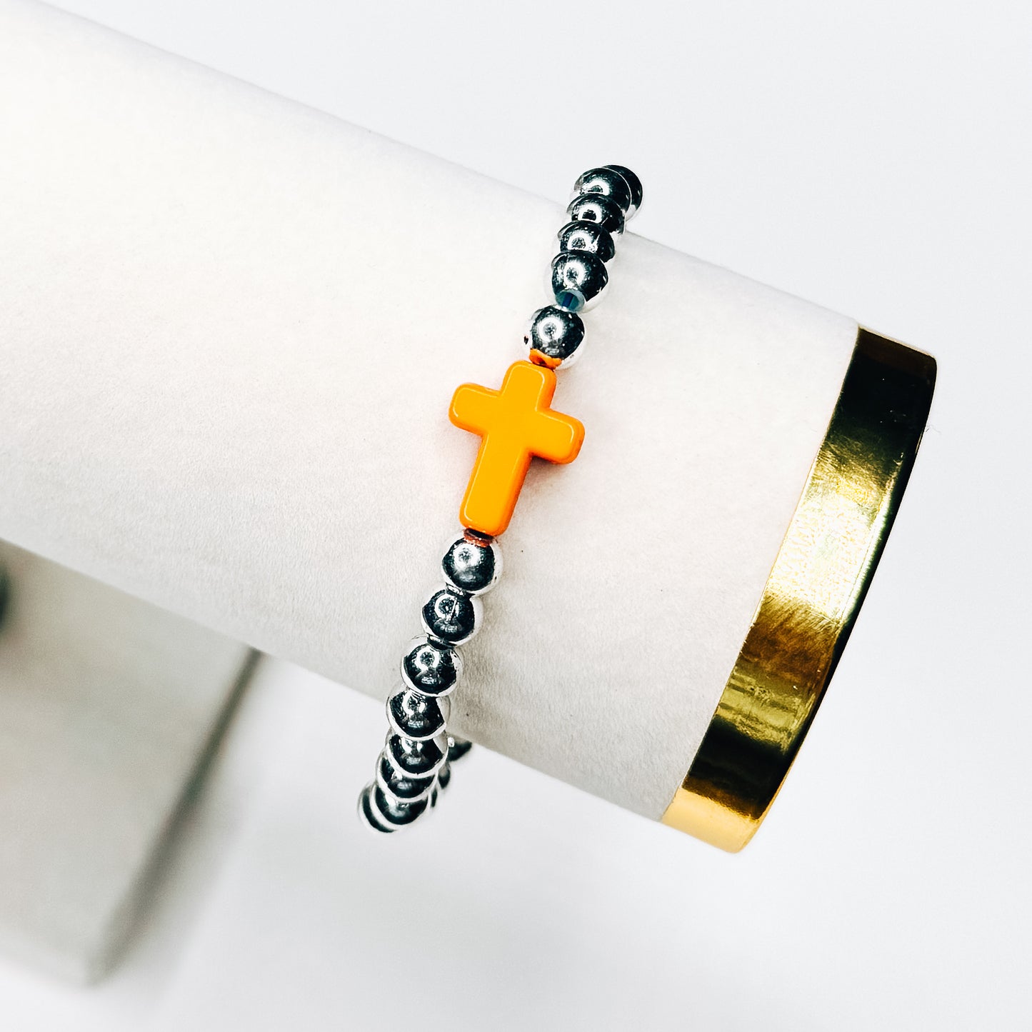 Orange Cross Silver Beaded Bracelet