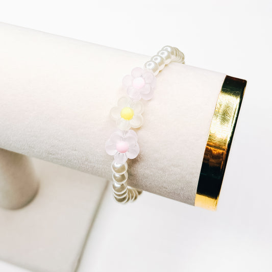 Pink & Yellow Flower Charm Pearl Bracelet