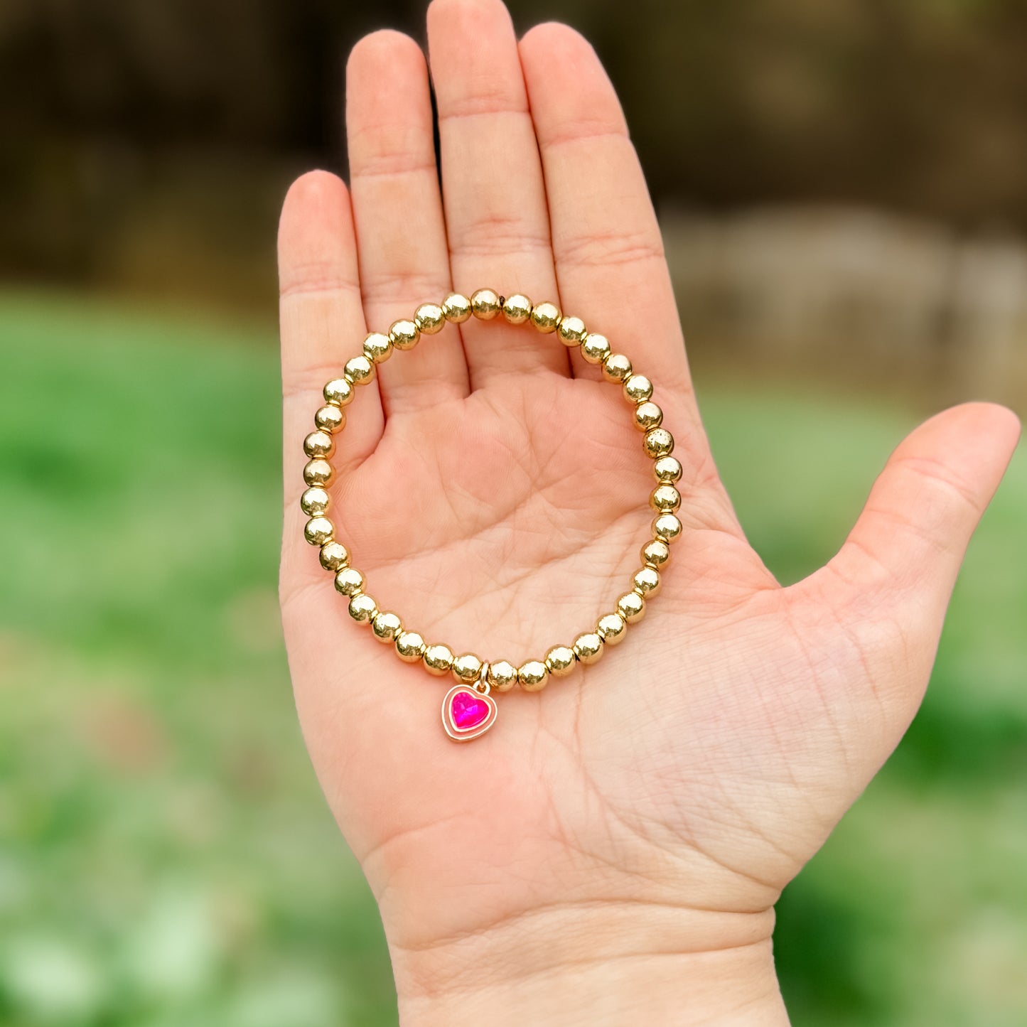 Hot Pink & Gold Heart Rhinestone Charm Bracelet