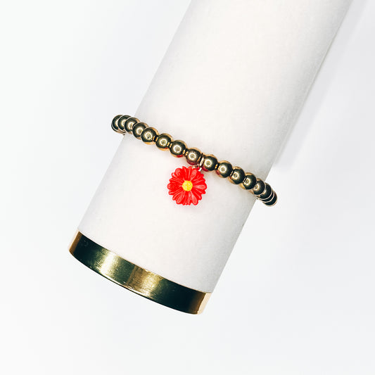 Red Flower Charm Gold Beaded Bracelet